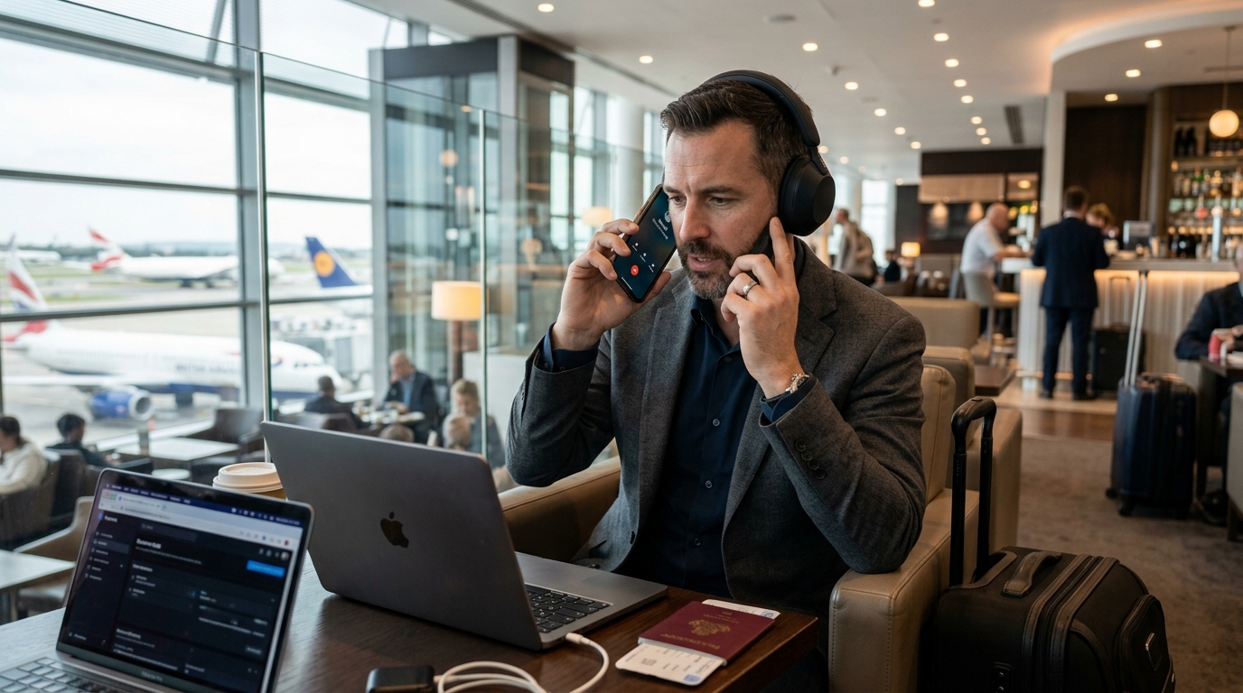 Executivo em Viagem Conectado via SpeedVox VoIP